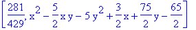 [281/429, x^2-5/2*x*y-5*y^2+3/2*x+75/2*y-65/2]